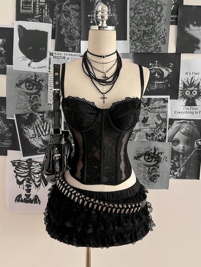 Attitoon Fashionable Sexy Solid Color Lace Contrast Mesh Camisole  Corset Vintage Top Going Out Tops Blavk Top Music Festival Outfits