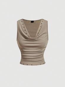 SHEIN MOD 70年代复古女式棕色垂褶领铆钉背心和长裙两件套——复古嬉皮、假日装、波西米亚风、Y2K风、西部风和游牧风 - 卡其色 - 查看 5