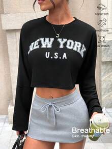 Dewbera Letter-Print Crew Neck Pullover Long-Sleeved Sweatshirt Suitable For Everyday Wear - Black and White - View 1