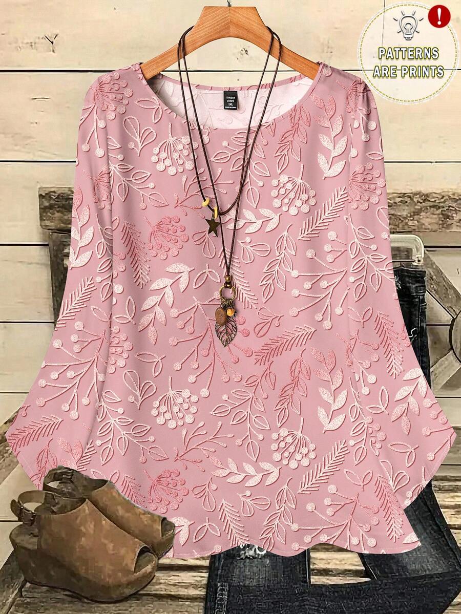 EMERY ROSE Plus Size Women Floral Print Loose Fit Casual Vacation Shirt, Full-Width Print Round Neck 3/4 Sleeve - Multicolor - View 1