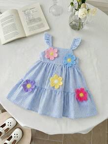 SHEIN 女婴方领荷叶边条纹休闲褶皱连衣裙 - 藍白色 - 查看 9