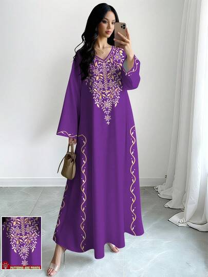SHEIN Najma Floral & Leaf Print Purple V-Neck Long Sleeve Dress, Elegant Arabic Style Long Dress For Women, Spring/Summer