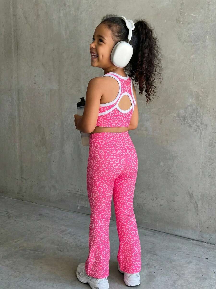 SHEIN 女童粉色豹纹背心和裤子套装，高弹面料 - 粉色 - 查看 1