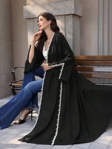 SHEIN Najma Women's Long Sleeve Lace Trim Patchwork Abaya Robe - Black - View 7
