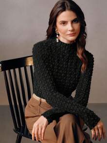 Anewsta Elegant Flocked Lace Turtleneck Undershirt For Women, High-Quality Autumn/Winter Layering Top - Black - View 1