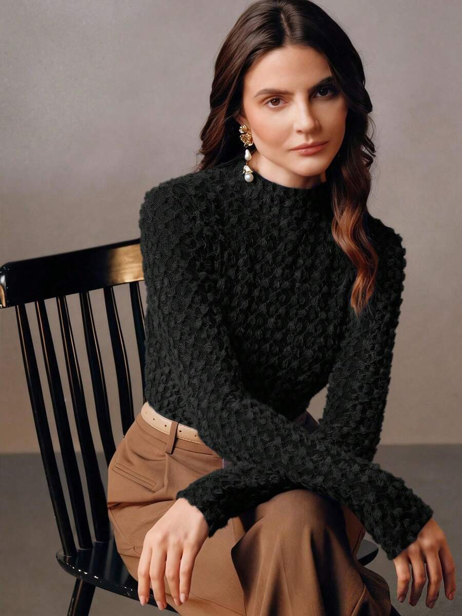 Anewsta Elegant Flocked Lace Turtleneck Undershirt For Women, High-Quality Autumn/Winter Layering Top - Black - View 1