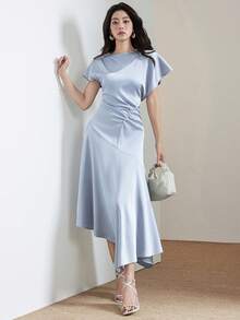 Heiryn Đầm dài dự tiệc thanh lịch màu trơn xếp ly, thắt eo dành cho nữ - Màu xanh lam - Xem 6