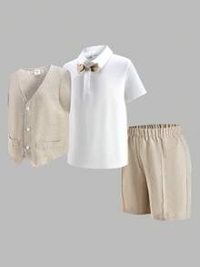 SHEIN 三件套青少年男童绅士套装：白色短袖T恤、马甲、短裤/长裤。绅士风范，适合春夏穿着，居家、外出、生日派对、洗礼、生日庆典、仪式、婚礼宾客、花童、戒指童等场合。 - 杏色 - 查看 4