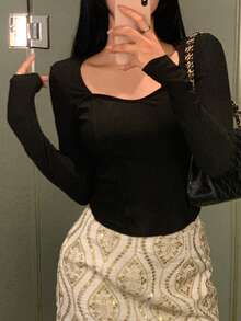 FRIFUL Women's Square Neck Fitted Long Sleeve Basic Solid Tee - Black - View 5