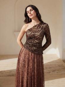 Anewsta Elegant Fashion Beaded Contrast Lace Asymmetric Neck Dress, Suitable For Parties, Banquets, Festivals And Other Occasions - Coffee Brown - View 5