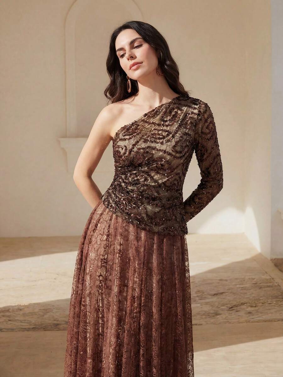 Anewsta Elegant Fashion Beaded Contrast Lace Asymmetric Neck Dress, Suitable For Parties, Banquets, Festivals And Other Occasions - Coffee Brown - View 1