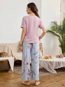 Serenescape Conjunto de pijama con estampado floral en contraste, lazo en la cintura y cuello en V de manga corta - Multicolor - Ver 2