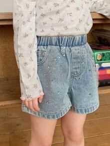 DAZY Girls (Small) Rhinestone Embellished Denim Shorts - Light Wash - View 5