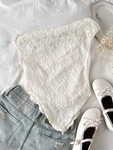 SHEIN Firerie Kids Tween Girl Elegant Sleeveless Textured Fabric Asymmetric Shoulder Top - White - View 5