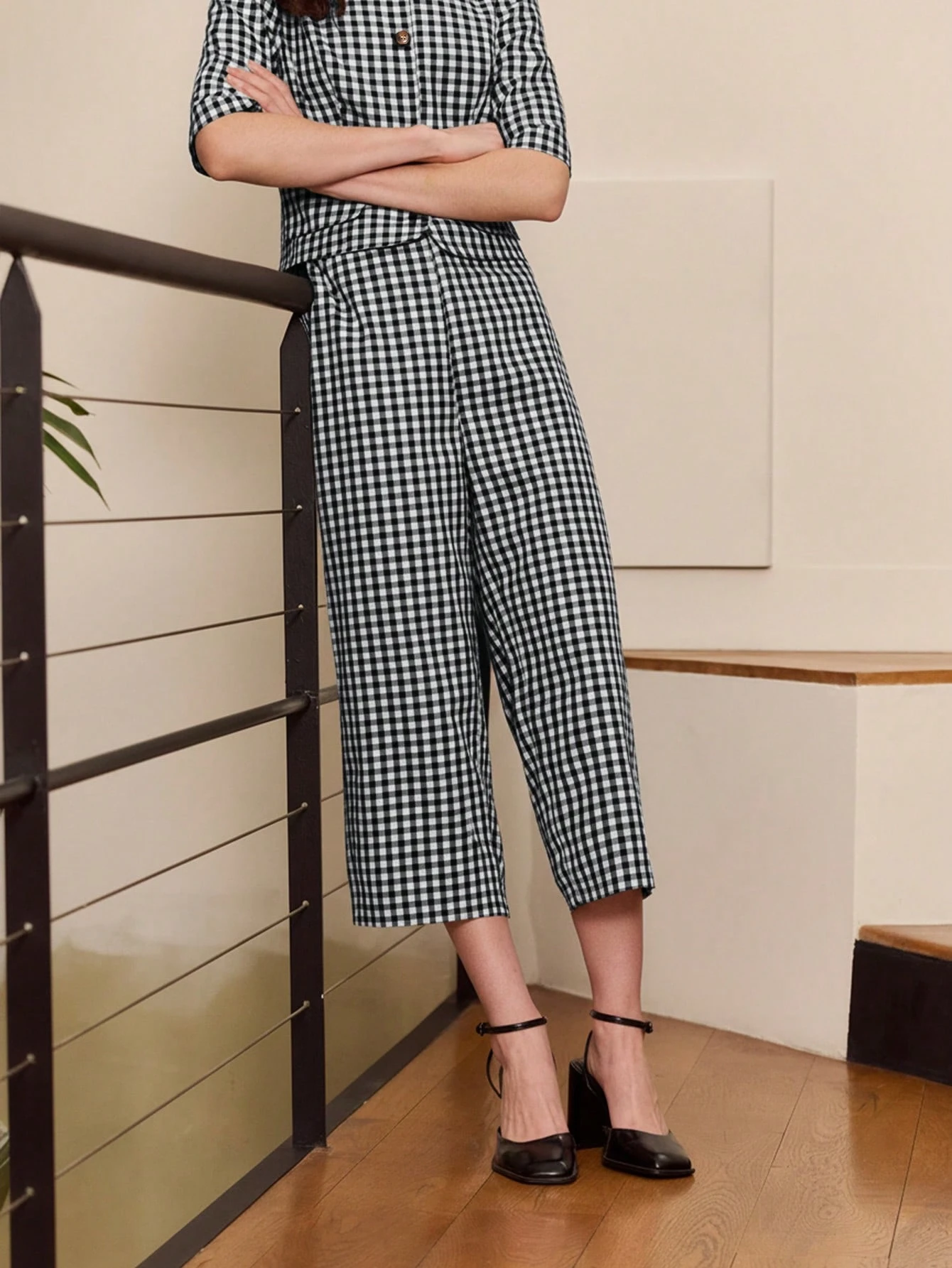 Black Gingham Wide-Leg Cropped Trousers Cute Vintage Style Spring Summer Going Out