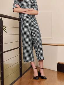 lacRébo Black Gingham Cropped Trousers Cute Vintage Style Spring Summer Going Out French Style Parisian Style Office Vacation - Black and White - View 4
