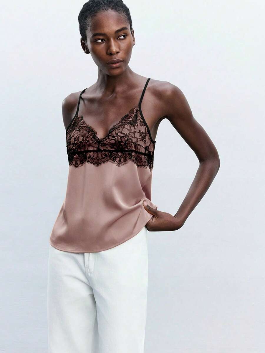 Maija 蕾丝拼接吊带背心，舒适亲肤，优雅百搭，适合外出、复活节、音乐节、毕业典礼、早午餐等场合。女士吊带背心，夏季女士上衣，蕾丝吊带背心，女士蕾丝吊带背心。 - 藕粉色 - 查看 1