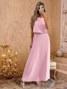 SHEIN LUNE Soft Pink,Summer,Elegant,Wedding Ninang Backless Waist Flared Dress For Women,Bridesmaid, Dates,Vacation,Spring/Summer Party Wedding Guest - Pink - View 4