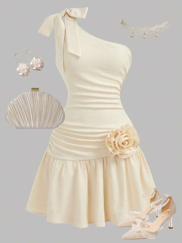 Girlism Teen Girls Elegant Apricot Off-Shoulder Dress, Featuring Bow Tie And 3D Floral Pattern, Vintage Style, Suitable For Dates, Family Gatherings, Graduation, Vacation, Prom, Wedding, Party, Events