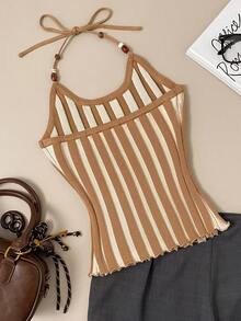 Muvela New Khaki Striped Adjustable Beaded Tie-Up Neck Knit Top, Elegant Urban Commuter Wear For Women, Spring/Summer - Coffee Brown - View 5