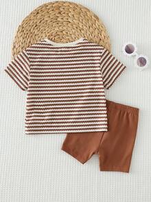 Cozy Pixies 2pcs Baby Girl Floral Print Knit Soft Round Neck Short Sleeve Top And Elastic Waist Shorts Set Ootd For Baby Girl 1 To 2 Years Old Brown Outfit For Baby Girl Summer Holiday Outfits 2 Piece Set Baby Clothes Outfit Set Suitable For Casual Everyday Wear - Multicolor - View 2