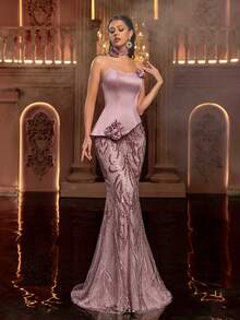 Glamrae 优雅奢华珍珠串珠刺绣网纱拼接弹力缎面褶皱美人鱼裙，适合婚礼、派对、度假、舞会、晚礼服（重工刺绣） - 粉色 - 查看 7