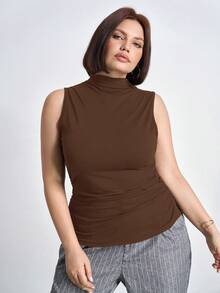 Chikora 大码褶皱修身立领背心，适合音乐会、商务休闲等场合穿着。 - 咖啡棕 - 查看 1