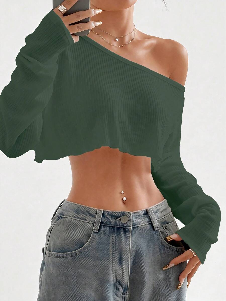 Flirla 女士纯色性感露肩短款上衣 - 墨綠色 - 查看 1