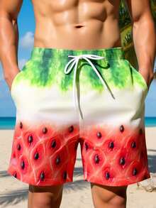 Manfinity Swimmode 男士夏季度假风西瓜印花抽绳腰斜插口袋宽松沙滩短裤 男士西瓜泳裤 男士趣味泳裤 - 彩色 - 查看 3