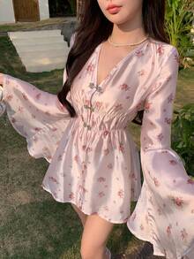 DAZY Spring & Summer Ditsy Floral Chiffon Blouse, Elegant Slim Fit Casual Vacation Commute Flare Sleeve Ruffle Hem Long Sleeve Shirt For Women Boho - Pink - View 4
