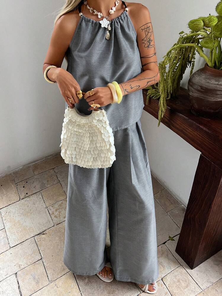 2pcs/Set Women Summer Thin Fashionable Spaghetti Strap Camisole And Wide Leg Pants Suit