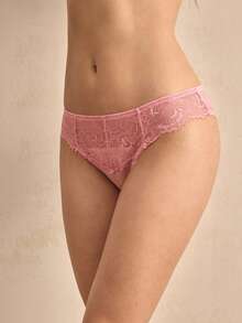 Charlaine 蕾丝网纱拼接轻薄浪漫法式优雅精致女士内裤 - 珊瑚粉 - 查看 5