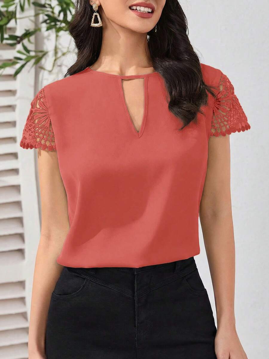 SHEIN Clasi Áo kiểu tay ren Guipure cổ khoét lỗ - Màu Hồng Dưa hấu - Xem 1