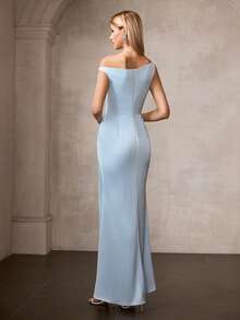 MOTF Soiréza WOMEN'S ELEGANT FORM-FITTING SLEEVELESS ASYMMETRIC NECKLINE MAXI SATIN PARTY GOWN – ASYMMETRIC PLEATED DRAPED SIDE, FLATTERING SILHOUETTE | PERFECT FOR WEDDINGS, GALAS & FORMAL EVENINGS - Baby Blue - View 3