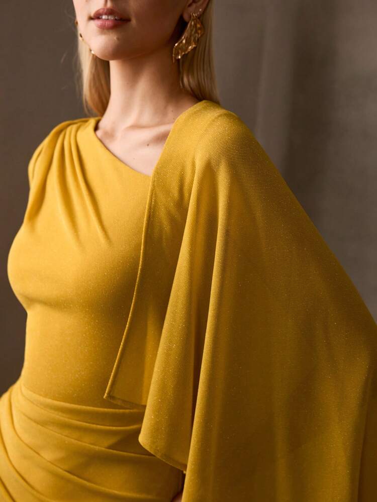 MOTF Soiréza GLAMOROUS ELEGANT YELLOW ASYMMETRICAL SLEEVE WITH DRAPED CAPE MAXI PARTY GOWN – WAIST RUFFLE DETAIL, FISHTAIL DRESS & FORM-FITTING SILHOUETTE | IDEAL FOR HOLIDAY PARTIES, NEW YEAR'S EVE, GALAS & FORMAL EVENTS ,WEDDING