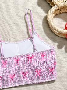 SHEIN 少女比基尼套装，可爱粉色条纹蝴蝶结针织面料吊带上衣和泳裤两件式泳装，时尚休闲优雅，适合游泳、夏季度假、海滩、泳池、节日派对 - 粉色 - 查看 5