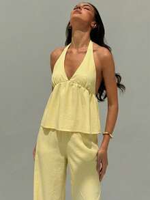 Aloruh 女士夏季休闲度假纯色露背吊带上衣和阔腿裤两件套 - 黃色 - 查看 7