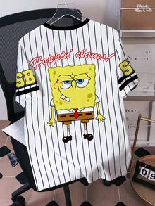 SpongeBob SquarePants | SHEIN 男士字母卡通印花休闲圆领短袖T恤 - 白色 - 查看 2