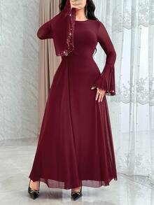 Feyla Vestido de mujer de unicolor elegante con decoración de rhinestones y mangas acampanadas - Burdeos - Ver 5