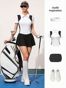 Gameset SHEIN Sport 女士简约撞色四分之一拉链短袖高尔夫Polo衫，夏季 - 黑與白 - 查看 5