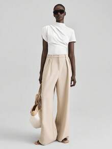 Ontre 2026春夏女士不对称褶皱立领短袖衬衫，都市通勤商务休闲优雅上衣，适合度假、派对、婚礼宾客等场合，夏季穿着 - 白色 - 查看 6