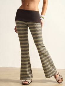 VARSIVA Women's Dark Green Color-Blocked Flared Pants With A Folded Waistband And Color-Blocked Stripes Are A Versatile And Casual Style, Perfect For Yoga And Pilates. - Multicolor - View 6