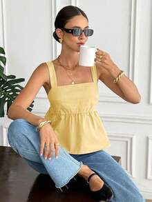 Serisse 女士纯色褶皱后背扭结设计休闲百搭上衣，适合约会和外出穿着 - 淡黃色 - 查看 3