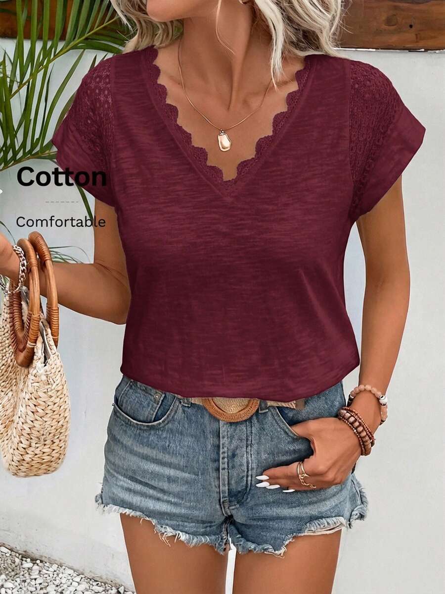 SHEIN Frenchy Casual Solid Color Lace Patchwork V-Neck Short Sleeve T-Shirt,Summer Top - Burgundy - View 1