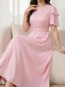 优雅珍珠装饰立领长袖双层荷叶边下摆中长连衣裙，适合派对、日常外出和轻度正式场合。 - 粉色 - 查看 8