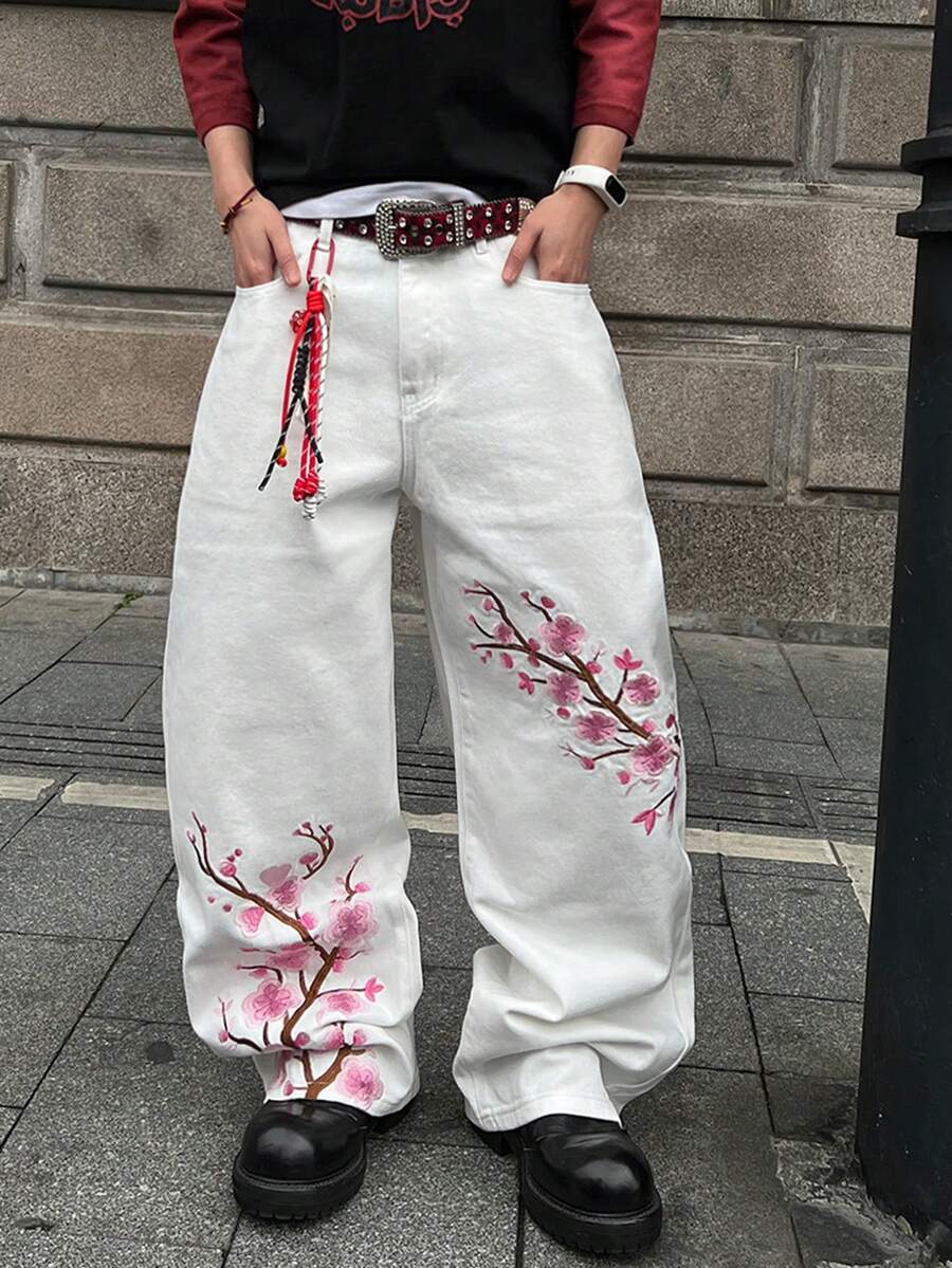 STEELVANCE Men's Casual Loose Fit Floral Embroidery Rivet Design Wide Leg Jeans Pants, Streetwear Fashion, Daily Wear - White - View 1