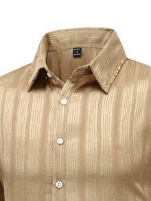 Manfinity Homme 男士条纹印花纽扣前开襟休闲短袖衬衫 - 金色 - 查看 6
