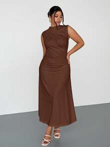 Firerie Đầm không tay dáng rộng, xếp ly, co giãn, dành cho người có thân hình đầy đặn, thanh lịch và lãng mạn, thích hợp cho các buổi hẹn hò, tiệc trà, lễ tốt nghiệp, đi làm, mùa xuân/hè. - màu nâu - Xem 5
