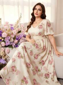 Modelyn Vestido Romántico de Gasa con Estampado Floral, Mangas Abullonadas, Corte A, Talla Grande, Primavera/Verano - Multicolor - Ver 1