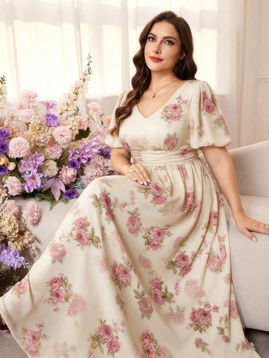 Modelyn Vestido Romántico de Gasa con Estampado Floral, Mangas Abullonadas, Corte A, Talla Grande, Primavera/Verano - Multicolor - Ver 1
